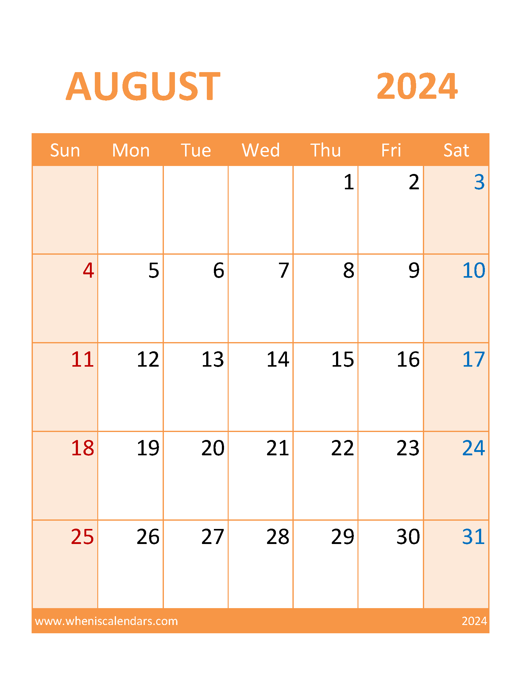 Free Printable August 2024 Calendar Page