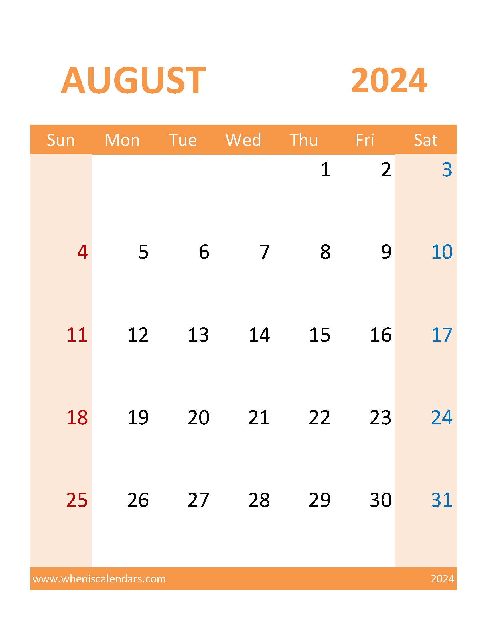 Blank Calendar Template 2024 August